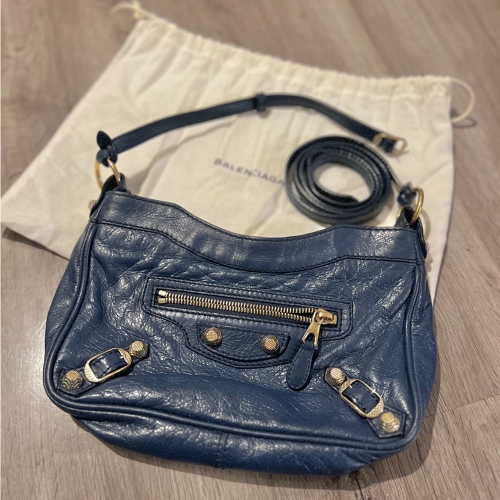 Balenciaga Navy Blue Leather Crossbody Bag with Gold Hardware